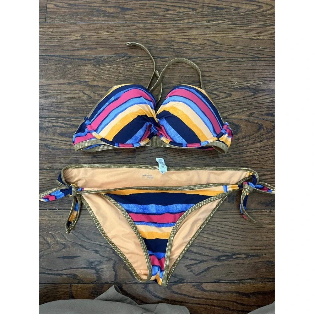 Aerie Striped Push Up Bikini Swimsuit Underwire 38D Large Tie Bottoms